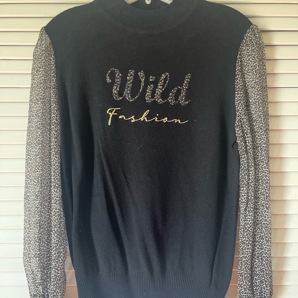 Foley + Corinna Black Sweater with Leopard Print Sleeves and Gold Script